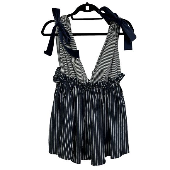 TCEC Navy White Striped Frilled Velvet Bow Top Large - Picture 1 of 5